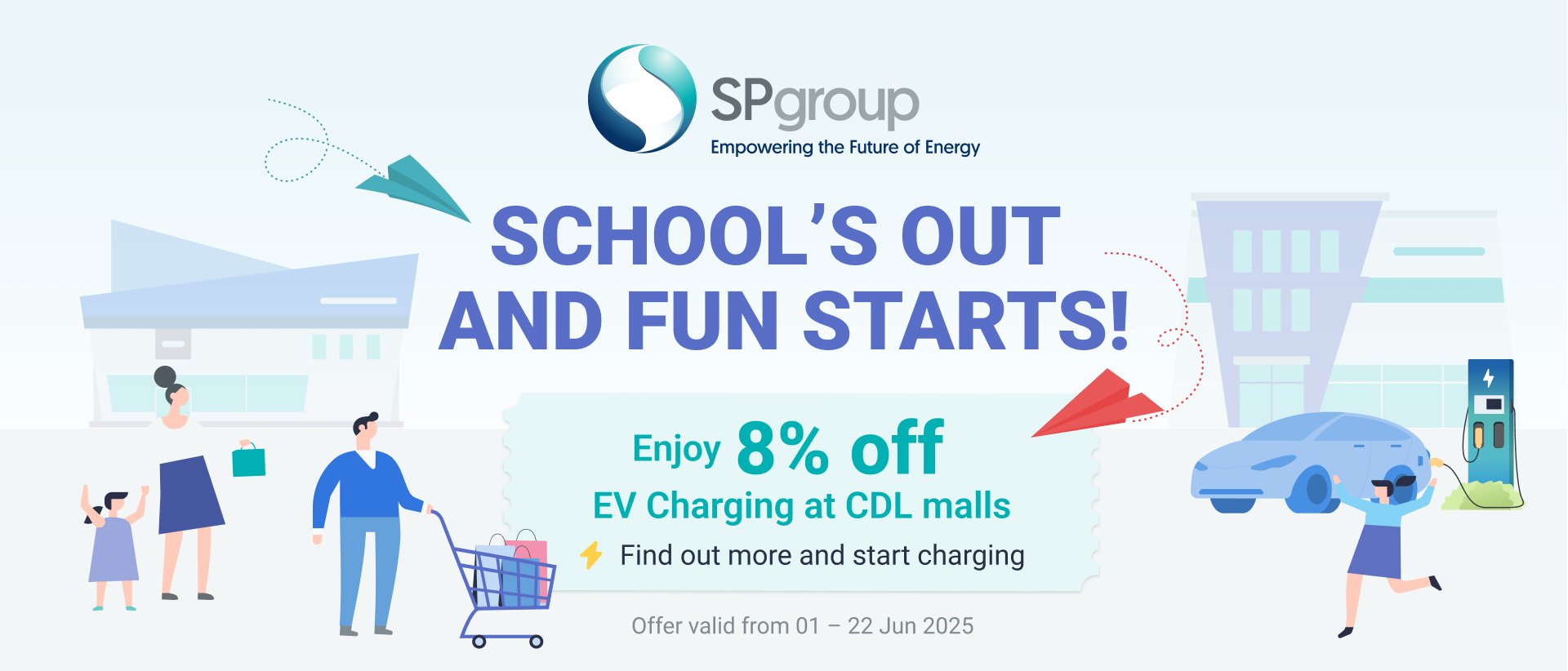 School’s out! Enjoy 8% off EV Charging at CDL malls from 01 – 22 Jun 2025